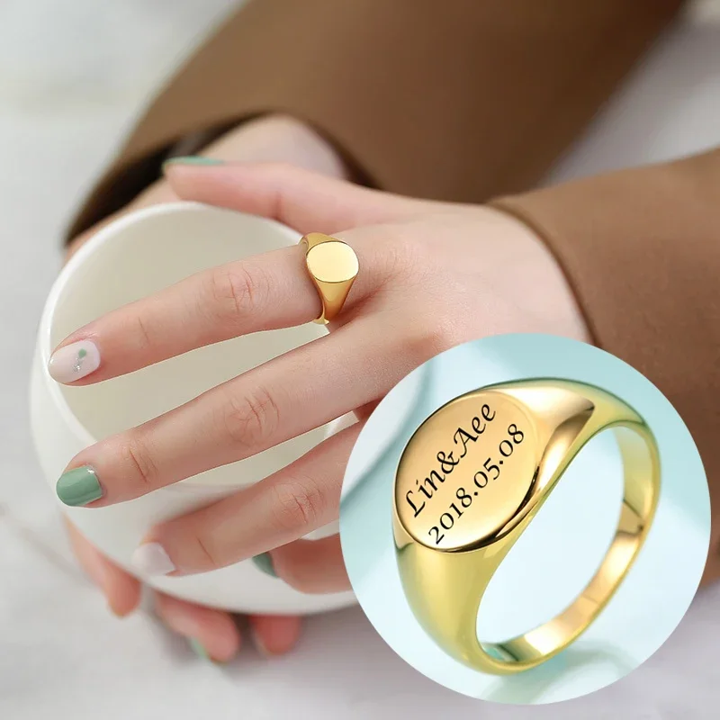 No Fading Personalized Engrave Stainless Steel Name Date Gold Ring for Women Couple Custom Wedding  Anillos De Promesa Pareja