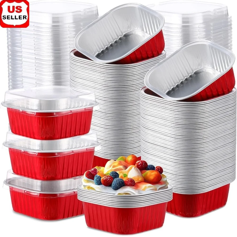 

300 Pcs 10 oz Mini Cake Pans with Lids Aluminum Foil Disposable Baking Cups Independence Day Party Square Tins High Temperature