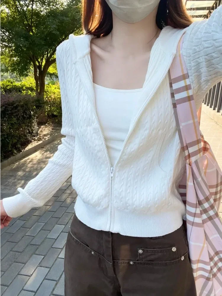 

Элегантный однотонный вязаный кардиган в корейском стиле для женщин, осень 2022, новый милый свитер на молнии с капюшоном, куртка в стиле Харадзюку, повседневные топы Y2k