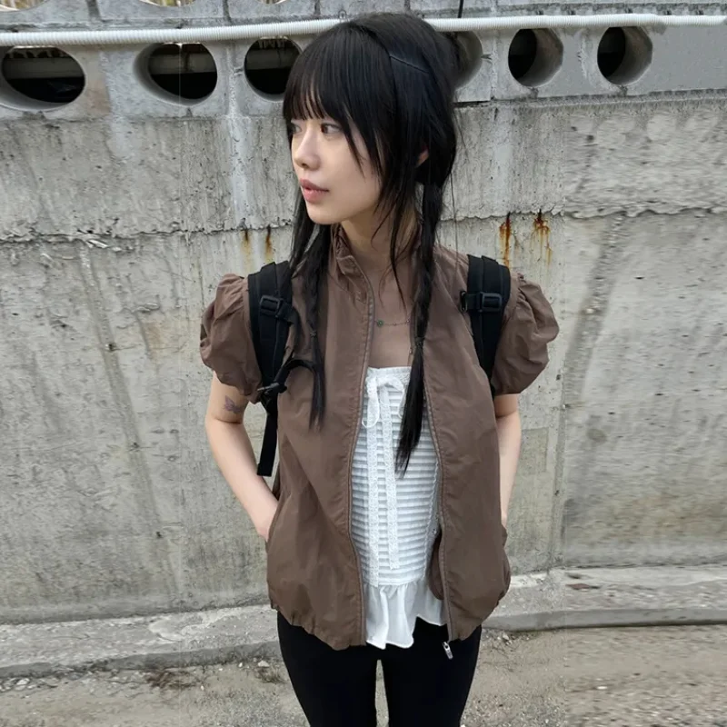 Safari Style American Vintage Short Coat Stand Collar Puff Sleeve Casual Short Slim Personalized Solid Outwears