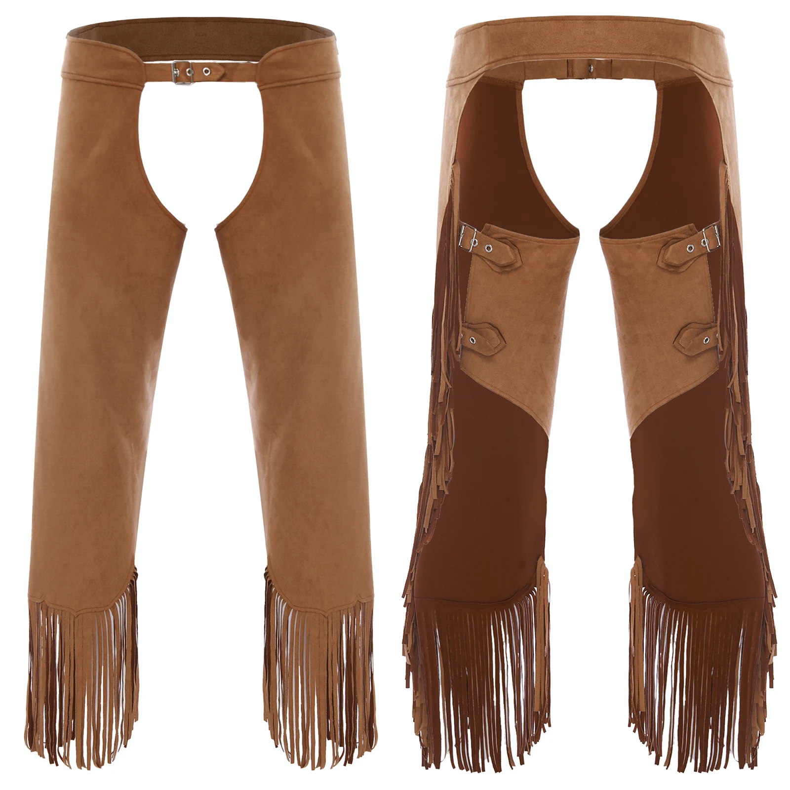 Women Men Adjustable Buckle Open Crotch Fringe Pole Dance Chaps Pants Halloween Carnival Western Cowboy Costume Rave Clubwear