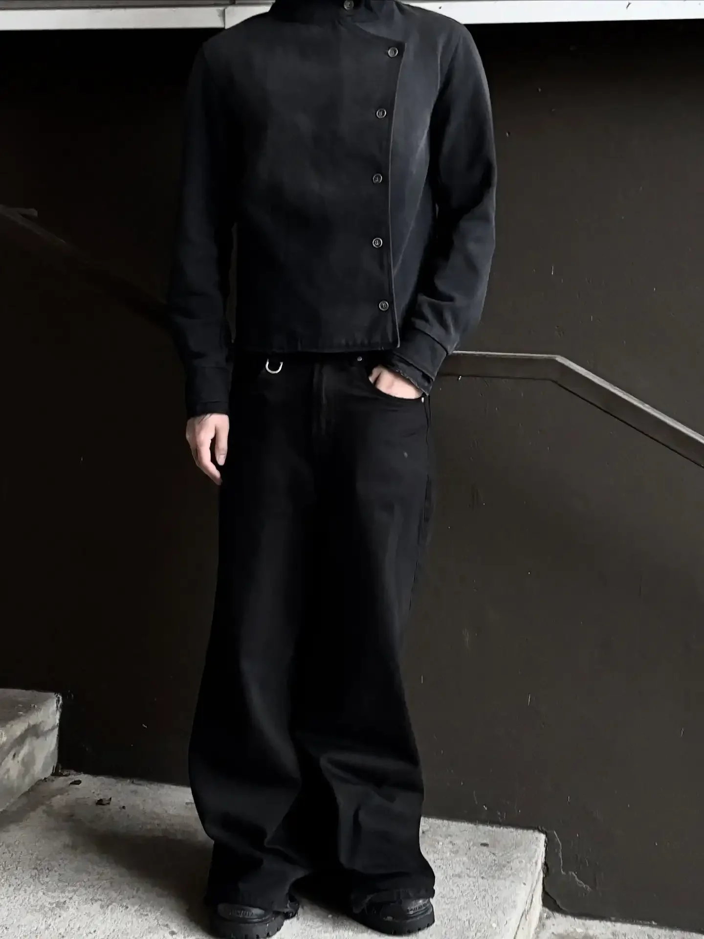 Unisex Y2K Fechtjacke Vintage-Waschung Farbverlauf Unregelmäßige Knöpfe Gothic Harajuku Streetwear Canvas Baumwolle Freizeitmantel – Detail 4
