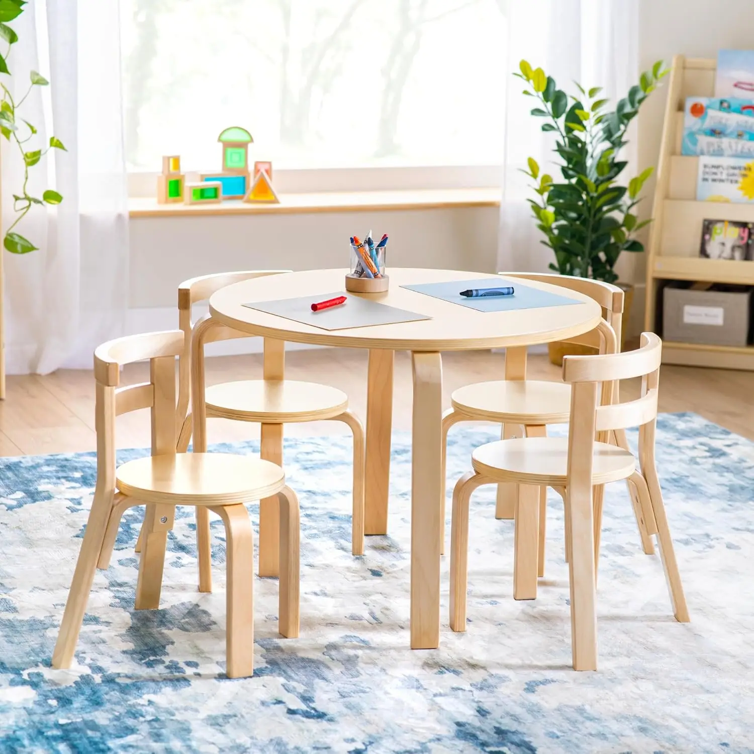 Nordic Table and Chair Set- Natural: Wooden Kids Table with 4 Chairs, Bentwood Classroom Activity Seating for, Customized