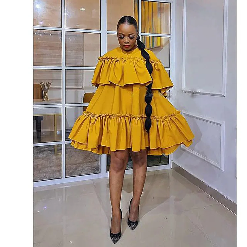 

Africa Clothing Dashiki Plus Size Yellow O Neck Ruffles Mini African Dresses For Women Vestidos Sweet Girl 2023 New