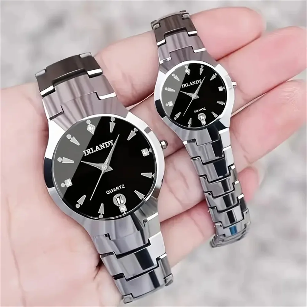 2 pieces elegant quartz couple watch set, classic British style, fashionable business watch for men and women, round alloy case,