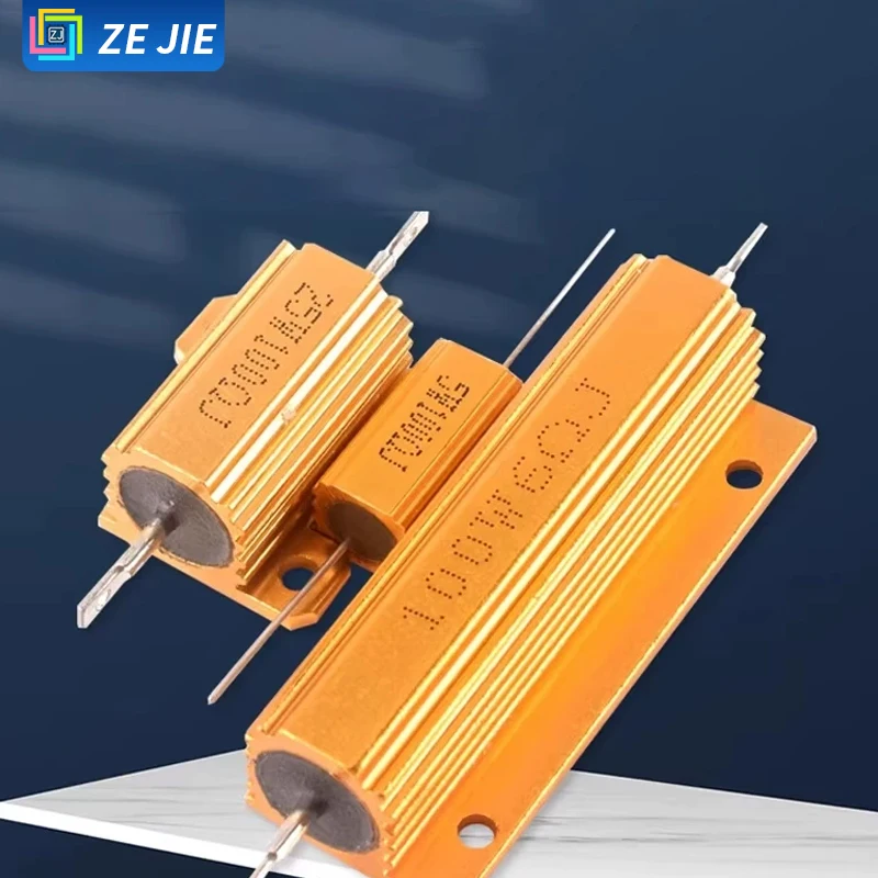 RX24 50W Golden Aluminum Shell High Power Resistor, Heat Dissipation Resistor, Resistance: 0.1Ω/0.5Ω/1Ω/50Ω/100Ω/1KΩ
