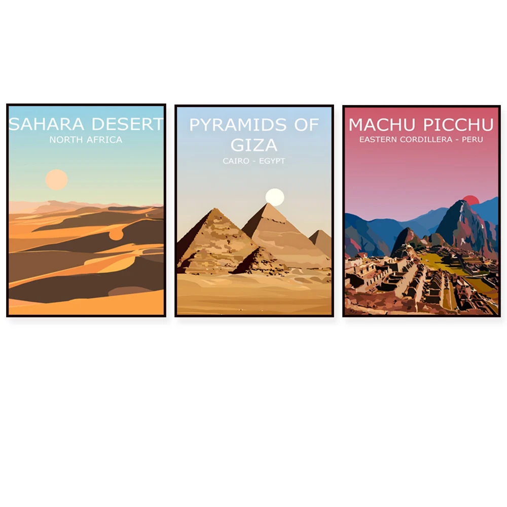 Cairo Egypt sunset, Machu Picchu Peru Inca citadel, Sahara desert dunes North Africa, landscape travel poster wall decoration