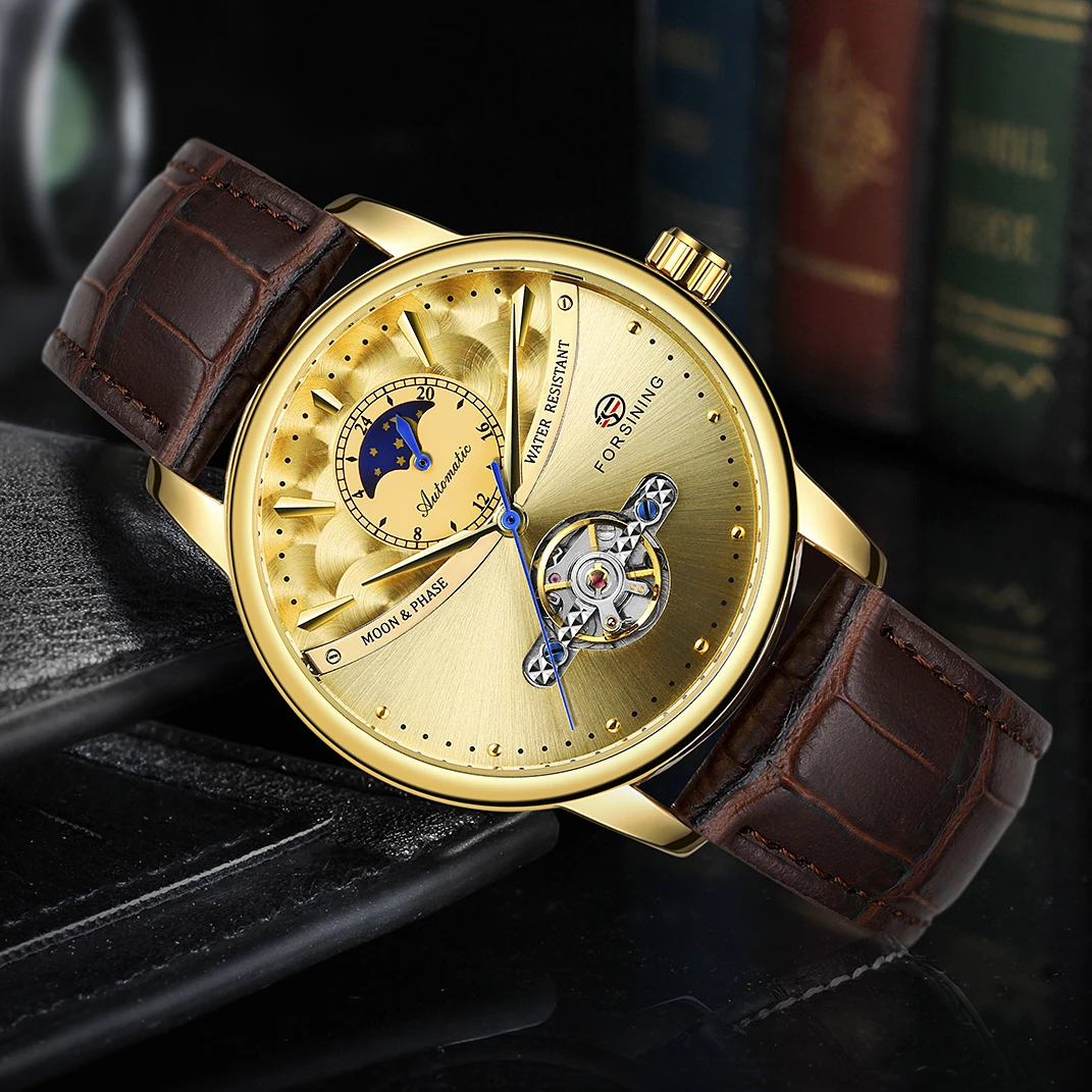 Forsining Luxury Gold Automatic Watch for Men Moon Phase Retro Brown Genuine Leather Belt Tourbillon Skeleton Mechanical Watches