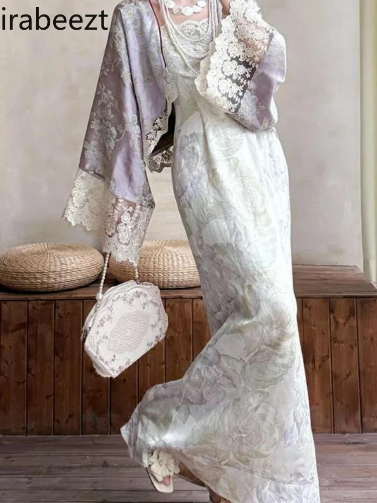 

Elegant Oriental Floral Print Blouse with Lace Trim & Embroidered Hanfu Style Long Dress Chinese Chic Loose Vintage Boho
