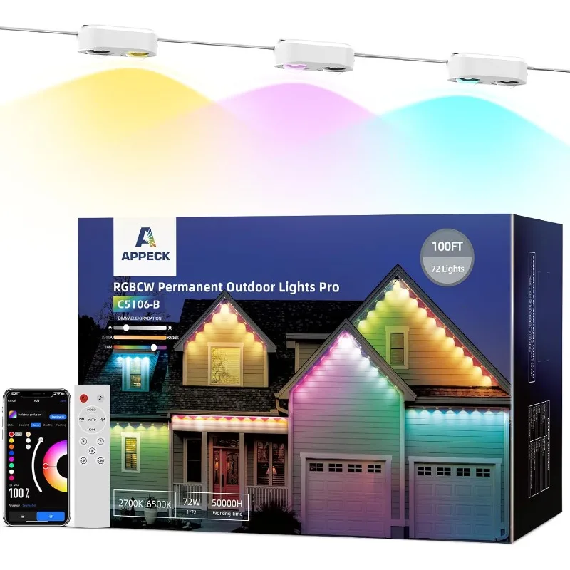 Permanent Outdoor Lights Pro 100ft, RGBCW Smart Eaves Lights with 72 LED Lights, Dual Lens, Cuttable, 111 Scene Modes