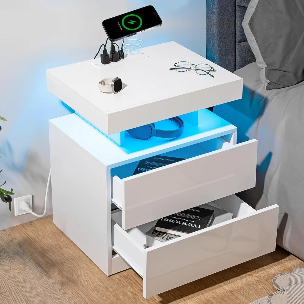 

LED Nightstand with Wireless Charging Station & USB Ports with LED Light RGB Adjustable Brightness Smart Nightstand 2 Drawers