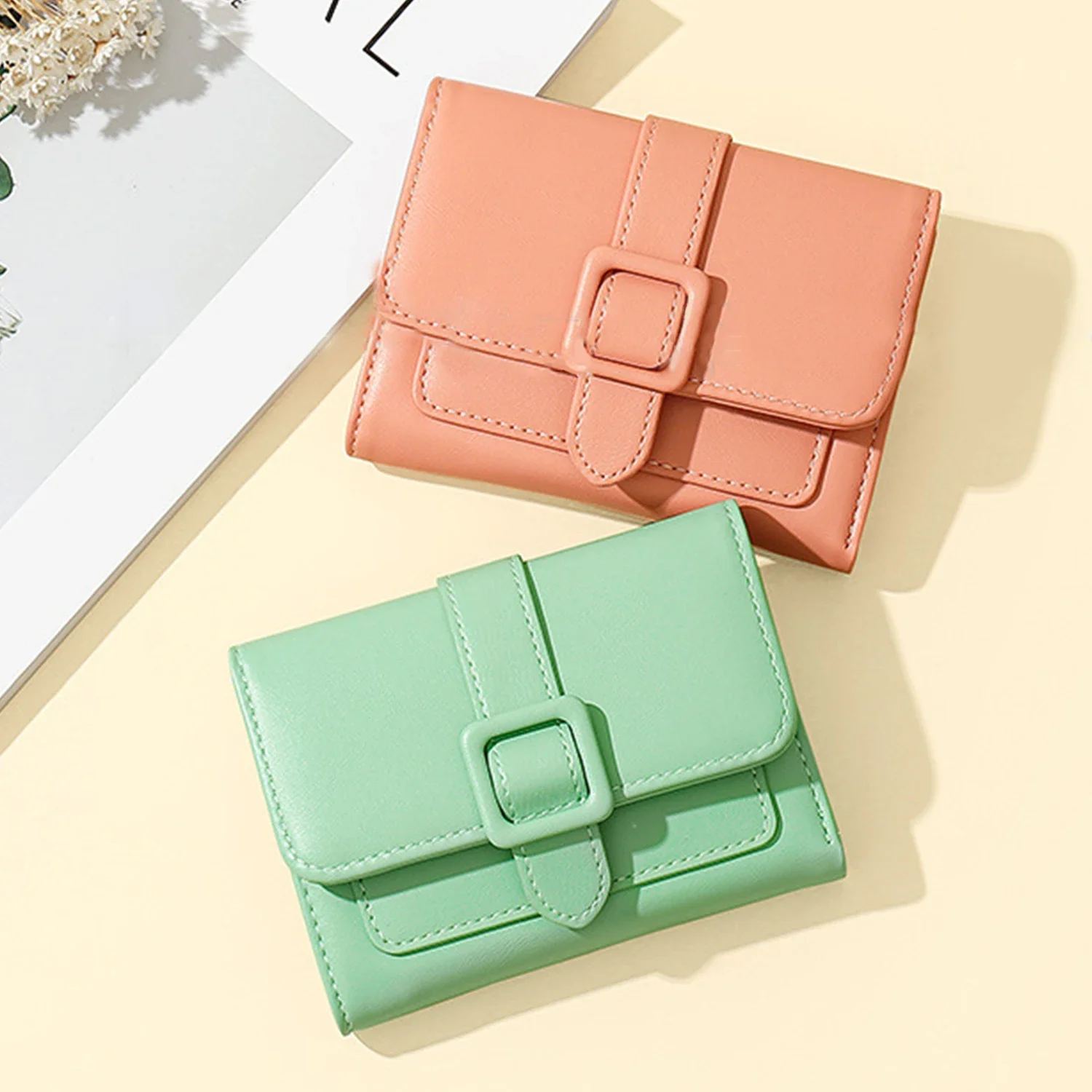 PU Leather Square Buckle Porta-moedas para mulheres, titular do cartão, vários slots de cartão, carteira monocromática, bolsas de senhoras, moda