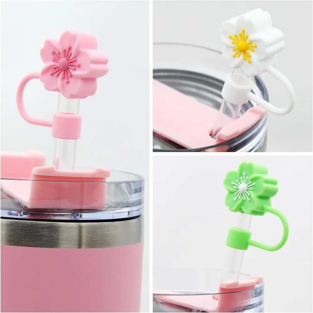 Flower Silicone Straw Cover Cap for Stanley Cup,Straw Topper 10mm 0.4in Dust-Proof Reusable Straw Tips Lids