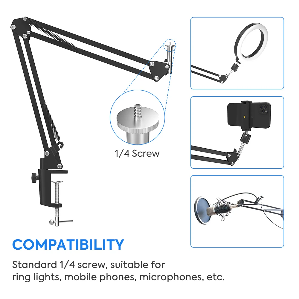 Flexible Cell Phone Stand,Gooseneck Long Arm Desk Bracket with 360° Rotation Overhead Mount clamp for Mic,ring lamp ,studio live