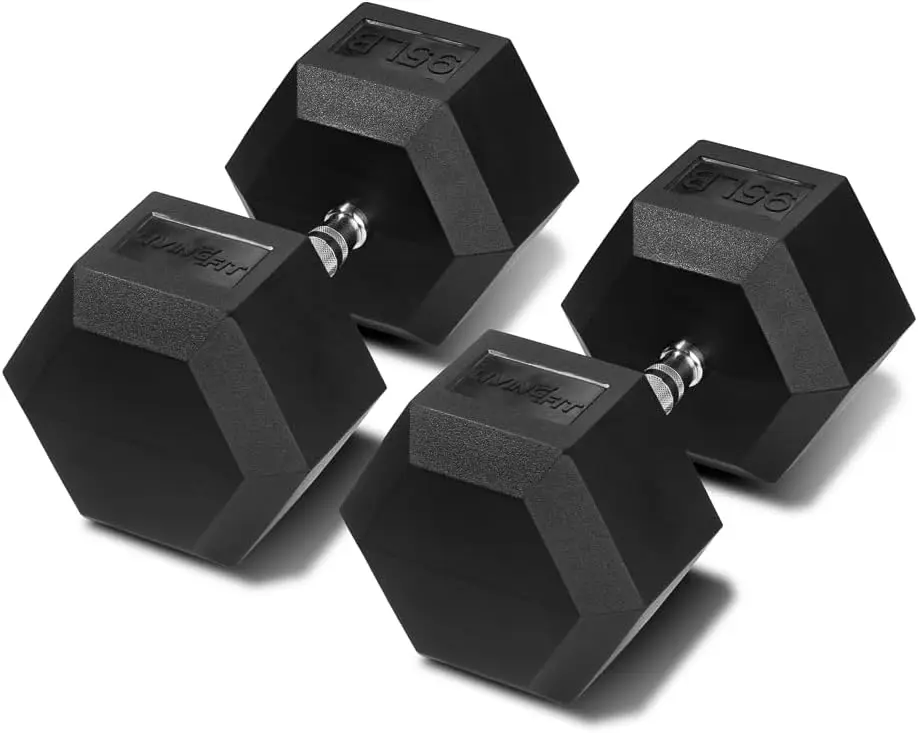 Rubber Encased Exercise & Fitness Hex Dumbbell Hand Weights. 5-100 LB Dumbbell Sets for Strength Workouts