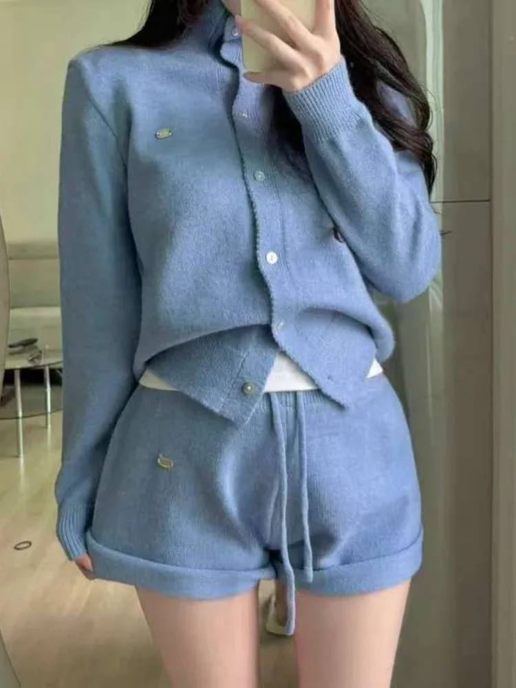 Chic Autumn Winter Retro Letter Label Long Sleeve Knitted Sweater Jacket And Shorts Two Piece Set Women's Fashion Outerwear
