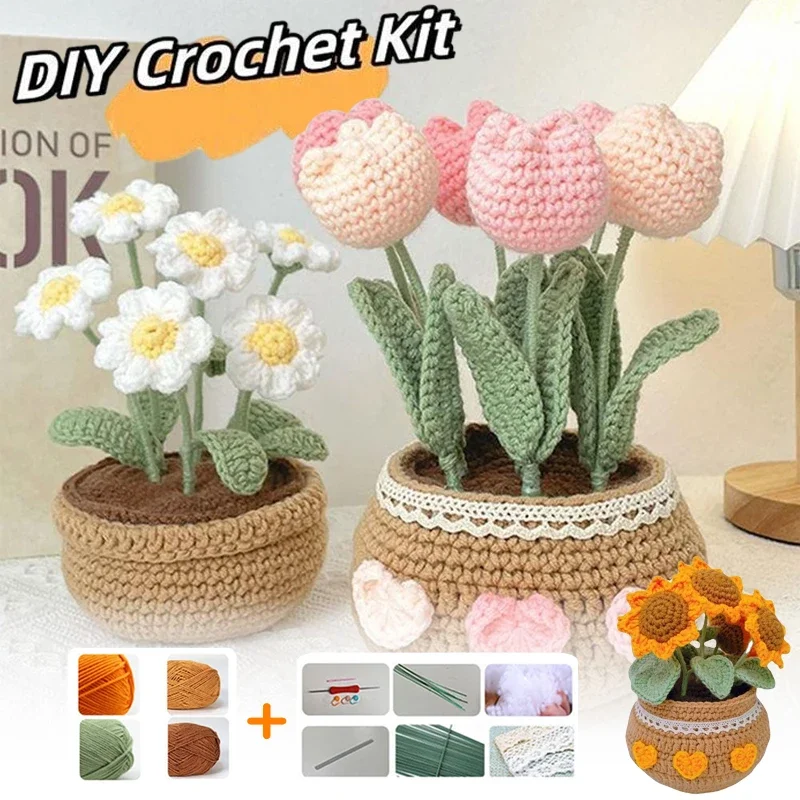 

Handmade Knitting DIY Tulip Daisy Potted Flower Bouquet Crochet Material Kit Homemade Decoration Plant Pot Plants