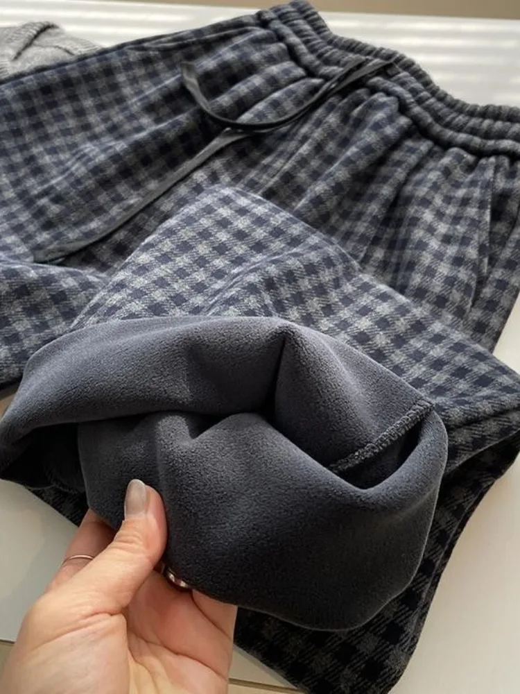 레트로 하이웨이스트 스트레이트 레그 캐주얼 팬츠 여성용 루즈핏 따뜻한 체크 팬츠 안티에이징 트렌디 겨울 패션