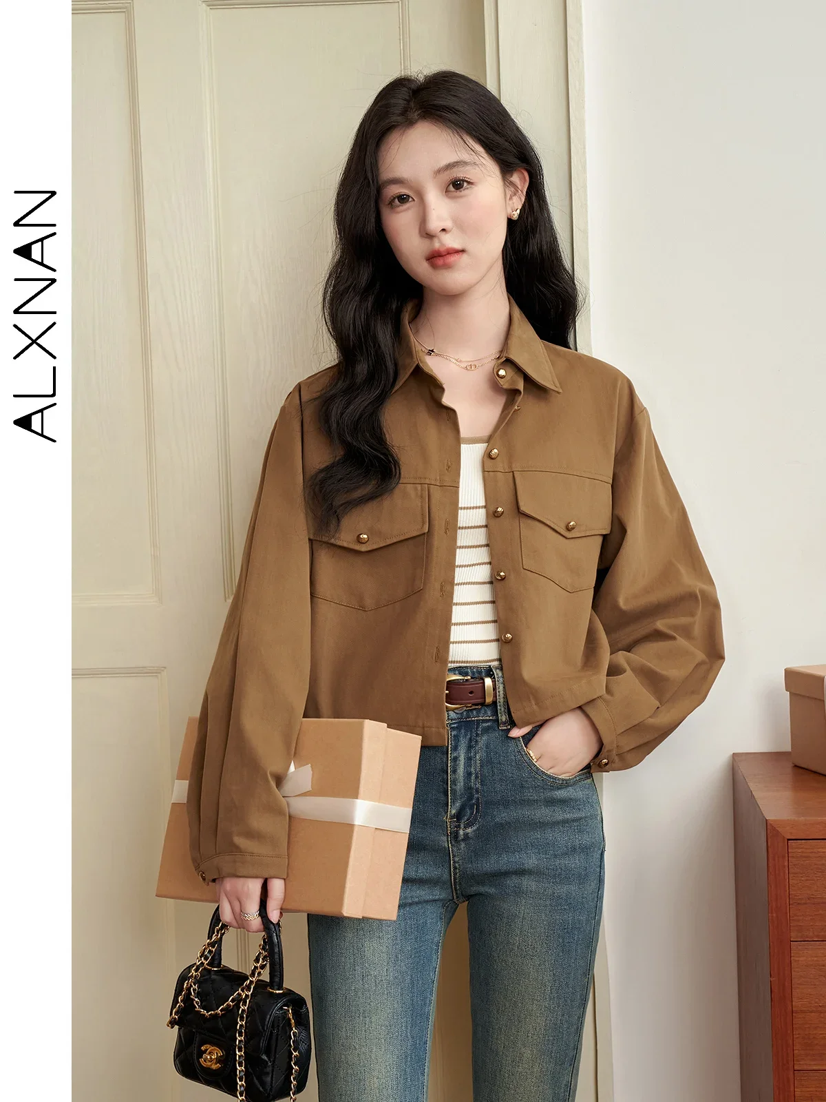 

ALXNAN Short Brown Jackets Flip Collar Button Functional Pockets Woman Coats Long Sleeve Versatile Commuting Female Coats L39811
