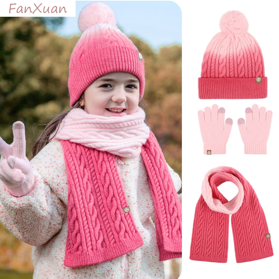 

3Pcs Kids Winter Hat Long Scarf Gloves Set Knitted Purple Pink Blue Gradient Ramp Children Beanies Pompom Winter Cap Girls 2-8Y