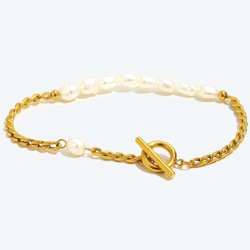 E.B.belle Gift Fine Polished  New Woven Chain Bracelets Bangles Stainless Steel Waterpoorf Elegant Pearl Bracelet For Women