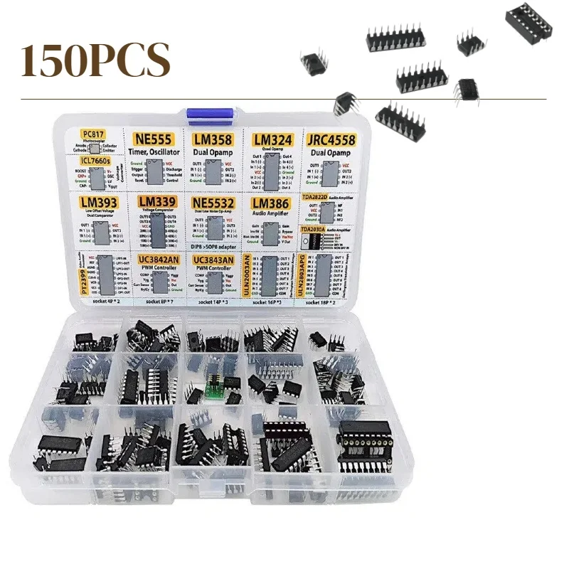 150pcs LM358 JRC4558 LM393 LM339 TDA2030A PC817 ICL7660 NE555 DIP Integrated Circuit Chip IC Boxed Chip Assortment Amplifier
