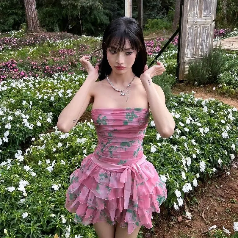 

Japanese Style Fashionable Spicy Girl Floral Strapless Dress Summer 2025 New Strap Sexy Cake Dresses Female Clothing