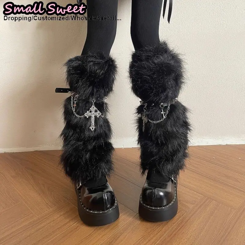 

Женские панк Y2k для девочек, готическая Лолита Jk, униформа с крестообразной подвеской, пушистые носки до икры, пушистые гетры в стиле стимпанк, гетры