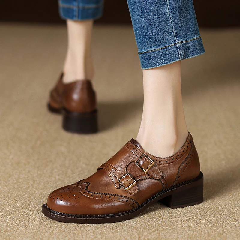 2024 Buckle Brogue Shoes for Women Vintage Oxfords Shoes Woman Cowhide Lady Flats Retro High-heel British Style Quality Oxfords