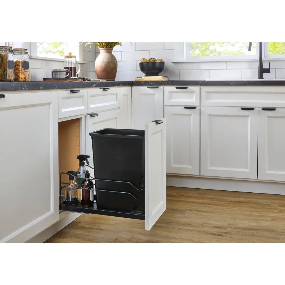 rev-a-shelf pullout trash can for full height kitchen cabinets 50 quart 12.5 gallon with soft-close slides and storage, champagn