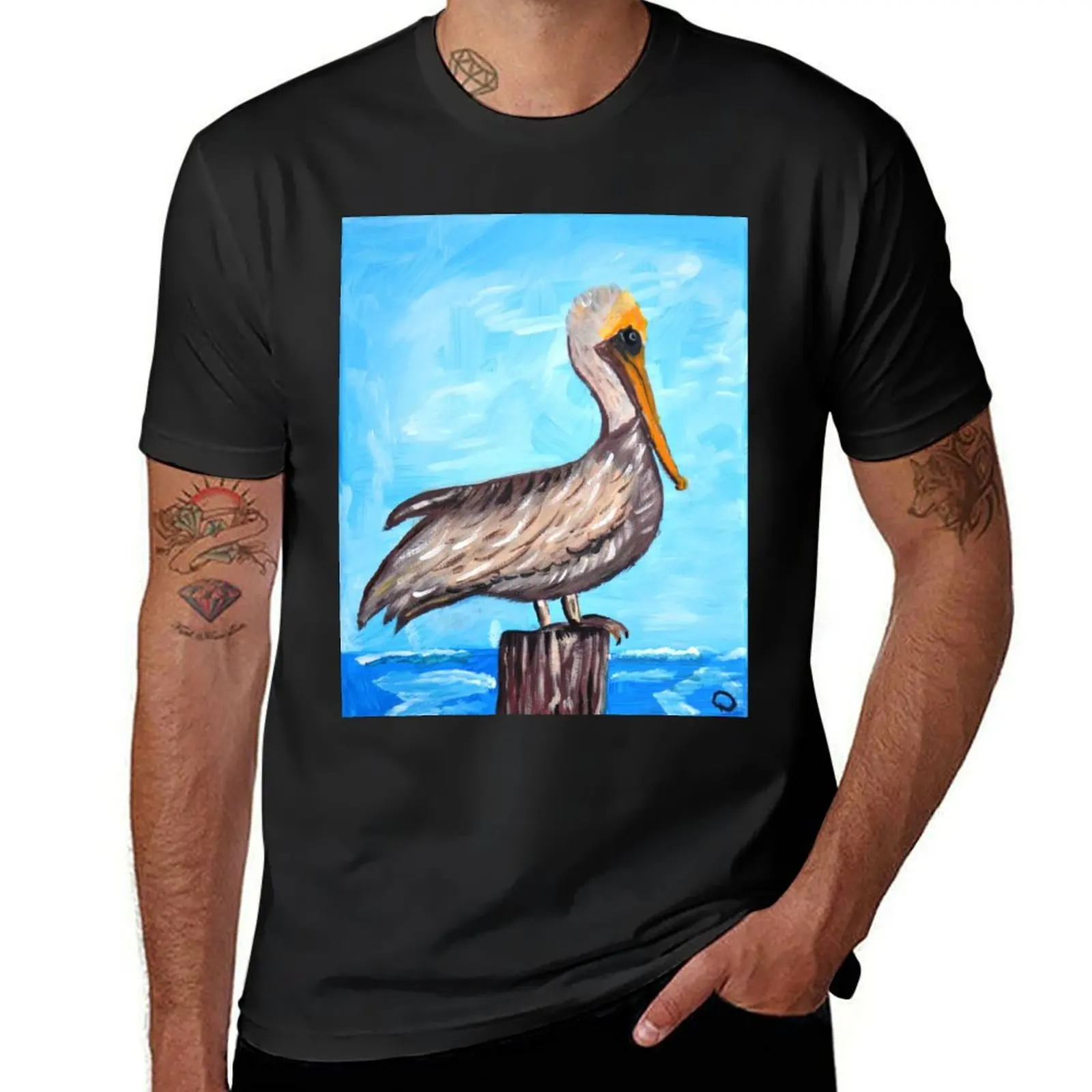 

Pelican on a pier - Original artwork by Dody Denman T-Shirt kawaii clothes graphics tees oversized t shirt men