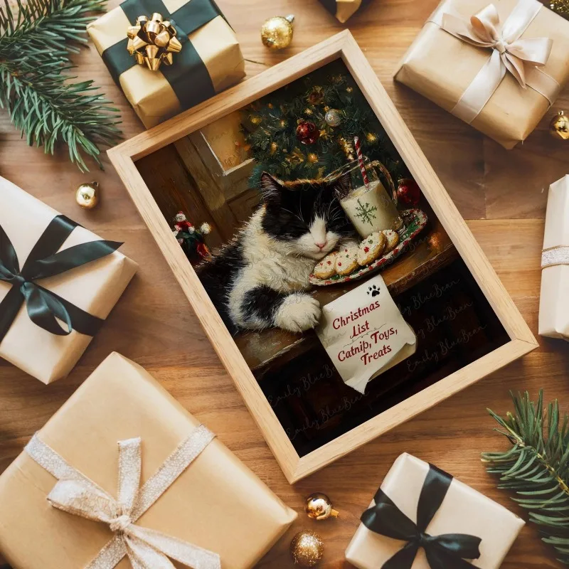 Unframed Canvas Wall Art Cat with Christmas Treats List Print Festive Pet Poster for Living Room Bedroom Xmas Holiday Wall Decor