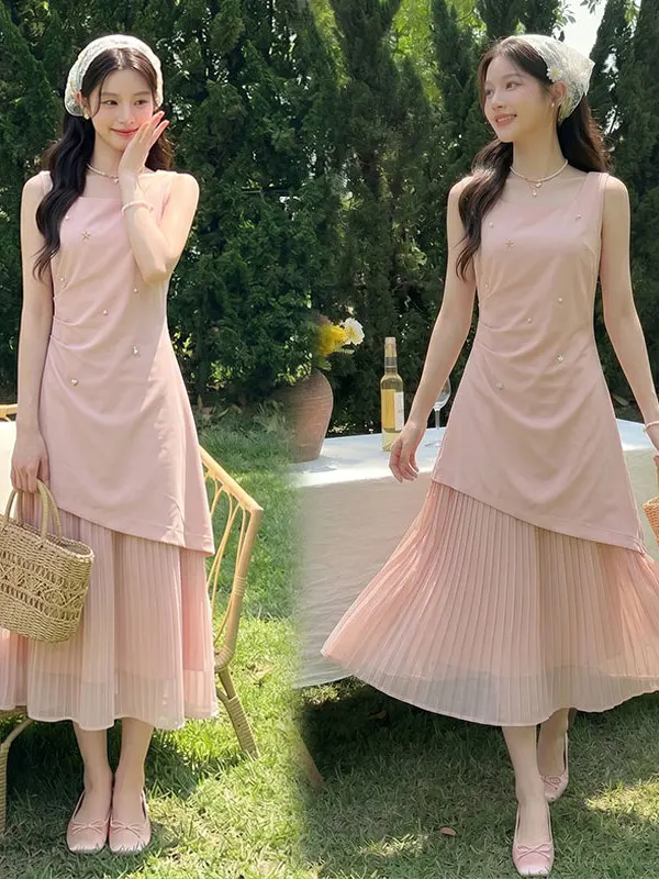 

Summer 2026 Elegant plus Size Women's Dress Pink Gentle Sweet Simple A-Line Skirt Breathable Skin-Friendly Casual Daily Wear