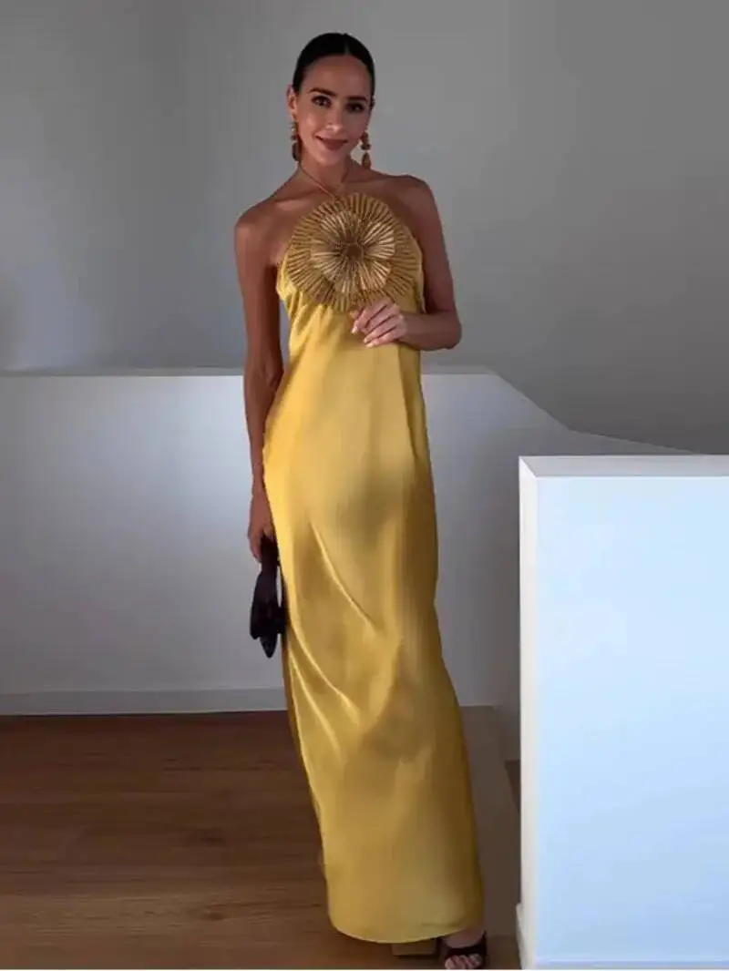 Elegante Party frauen Kleid 3D Blume Halfter Ärmellose Backless Meerjungfrau Satin Weibliche Kleider Sommer Chic Abend Dame Robe