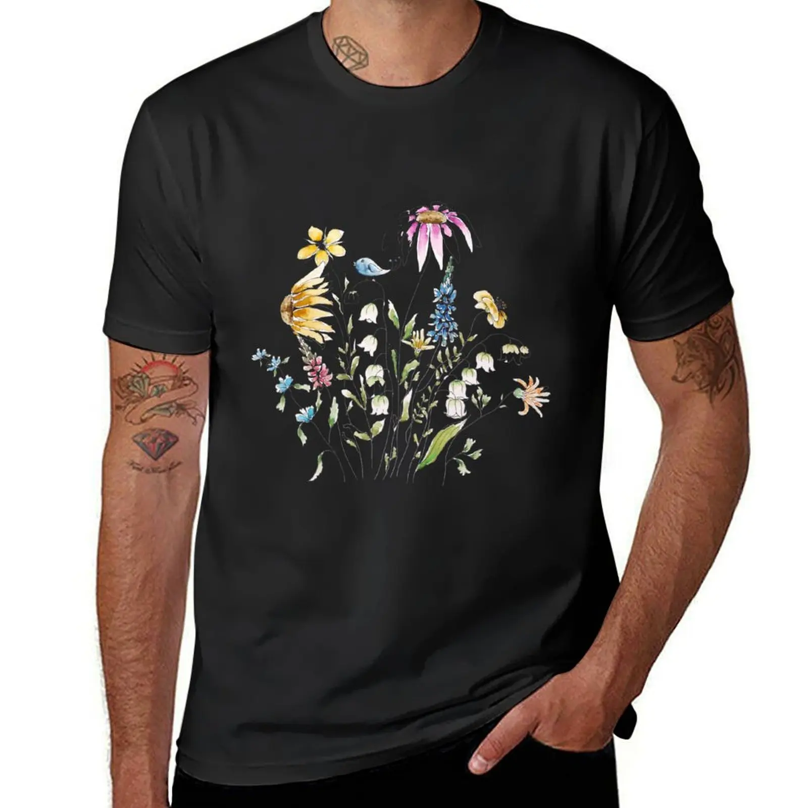 wild flower and blue bird-line and watercolor 1 T-Shirt summer clothes Aesthetic clothing mens t shirt