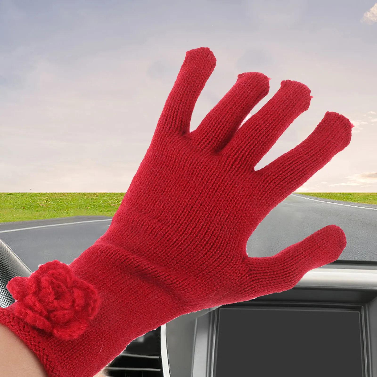 

1 Pair Winter Biking Gloves Women Cold Weather Handmade Knitted Fingerless Touchscreen Floral Design Cycling Running Gloves Warm