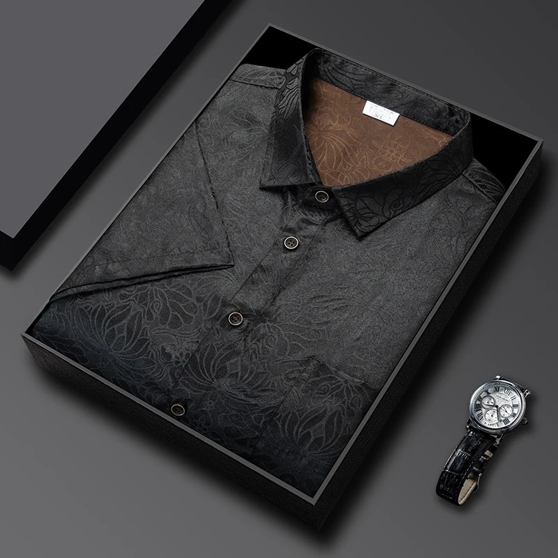 

Luxury 100% Silk Shirts For Men Short Sleeve Pocket Lightweight Summer Quality Gambiered Canton Gauze Coolness Camisas De Hombre