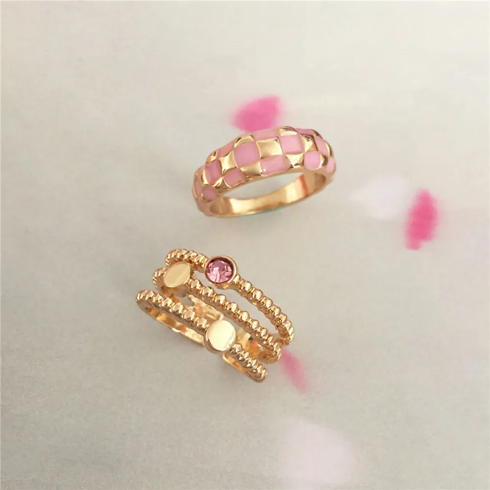 여성용 핑크 그리드 패턴 링 세트, 핑크 보석 장식, 기하학적 반지, 손가락 쥬얼리, 트렌디 패션, 신제품