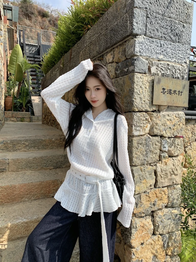 レディース ルーズ ロング スリーブ ニット セーター レース裾と透かしデザイン 韓国風 通勤 ファッション ホワイト トップス