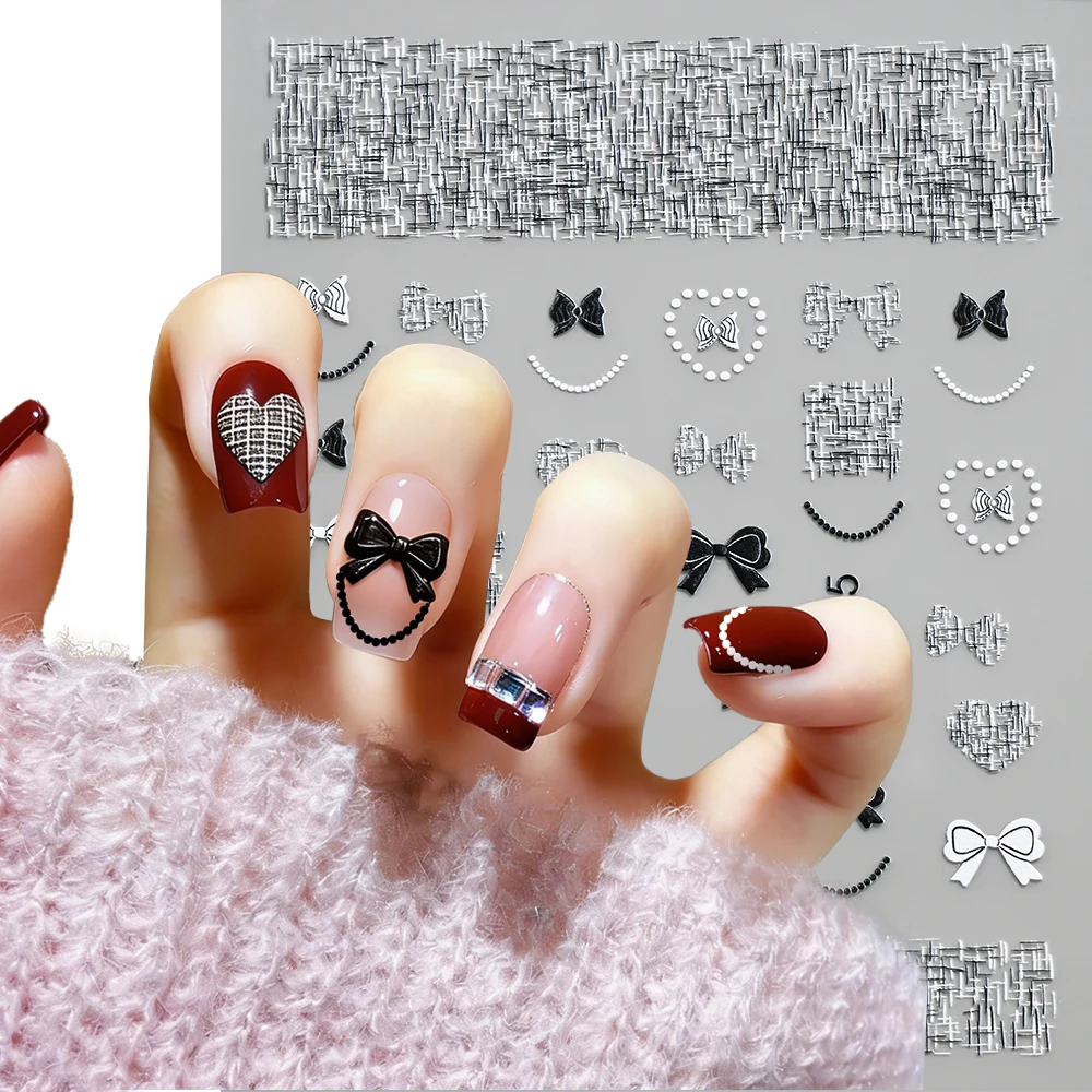 New Black 5D Bow Checkered Nail Stickers Y2K Luxury Bow Checkered Nail Art Decals Elegant French Pearl Line Manicure Sliders