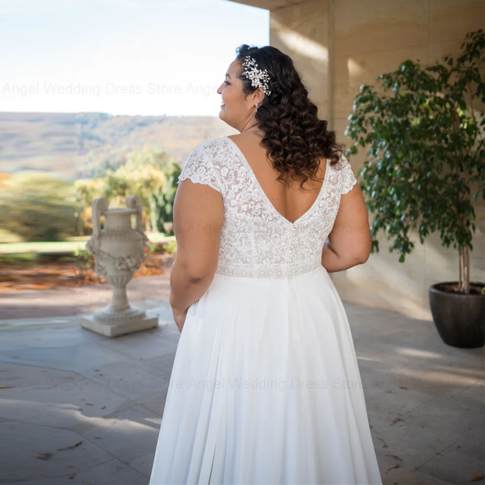 ANGEL-Robe de Mariée en Mousseline de Soie, Ligne A, Grande Taille, Double Col en V, Dentelle, Manches Courtes, Sur Mesure