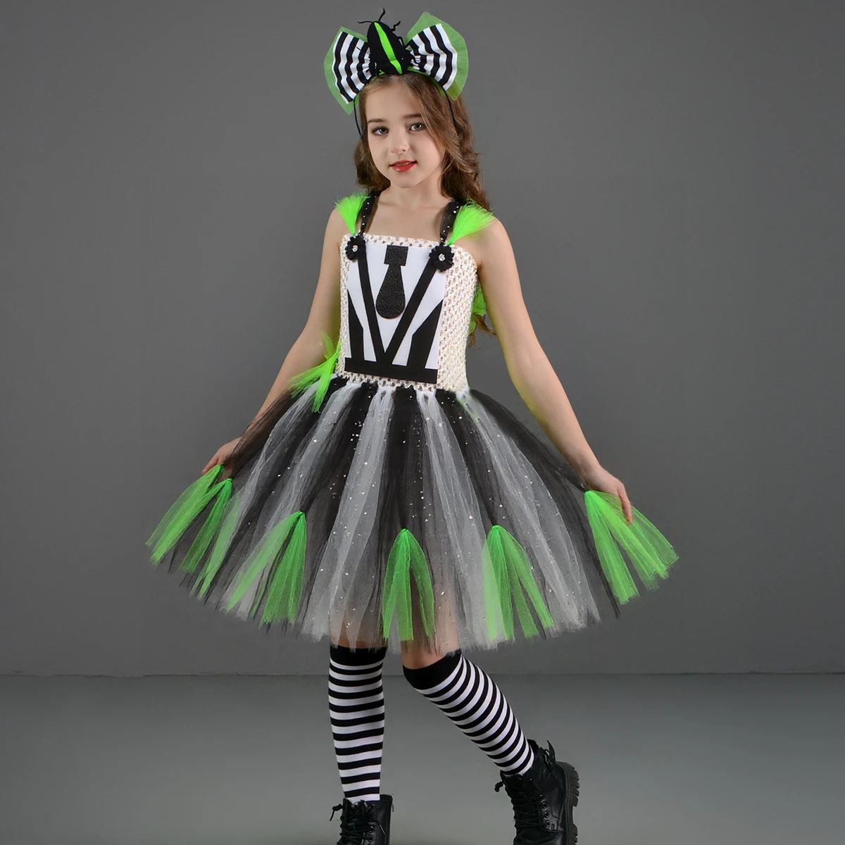 Kids Beetle Juice Halloween Costume Girls Black White Striped Cosplay Fancy Tutu Dress Children Carnival Party Dress Up Clothes - view 4