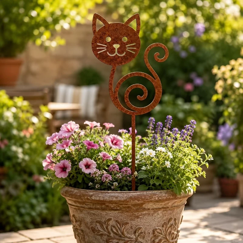 Cute Animal Garden Stake Set Wrought Iron Cat Bird Rabbit Hedgehog Snail Yard Lawn Outdoor Decor