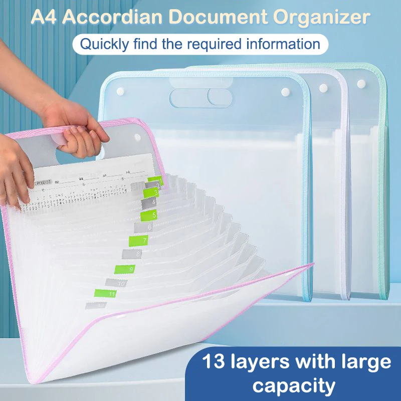 

13 Pocket File Folders Portable A4 Letter Size Accordian Document Organizer Handheld Bag For Classroom Office Home Storage
