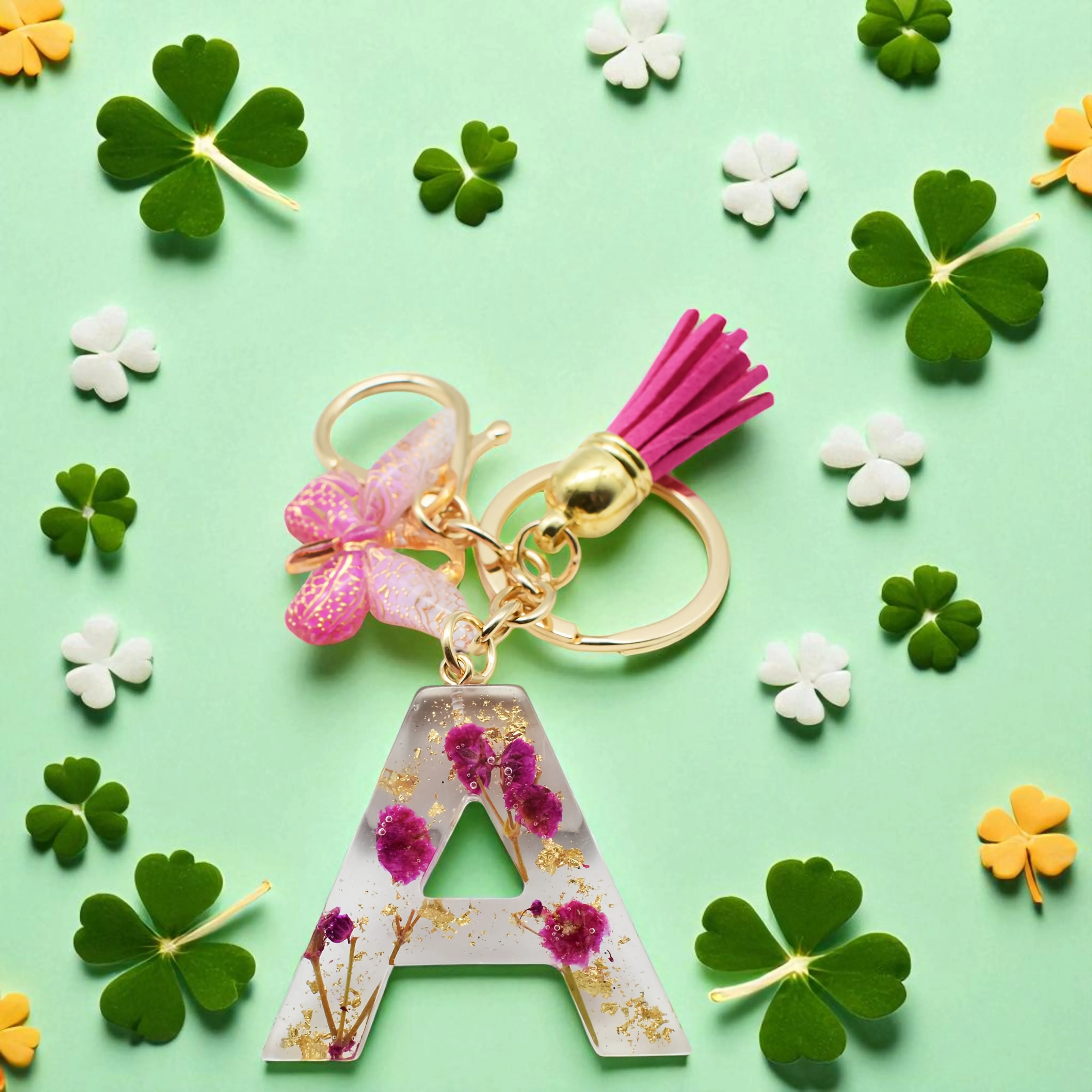 

1PC Fashion Easter Alphabet Keychain - Dried Flower Resin Charm, A-Z Initial Pendant Butterfly Tassel, Non-Woven ABS Gift