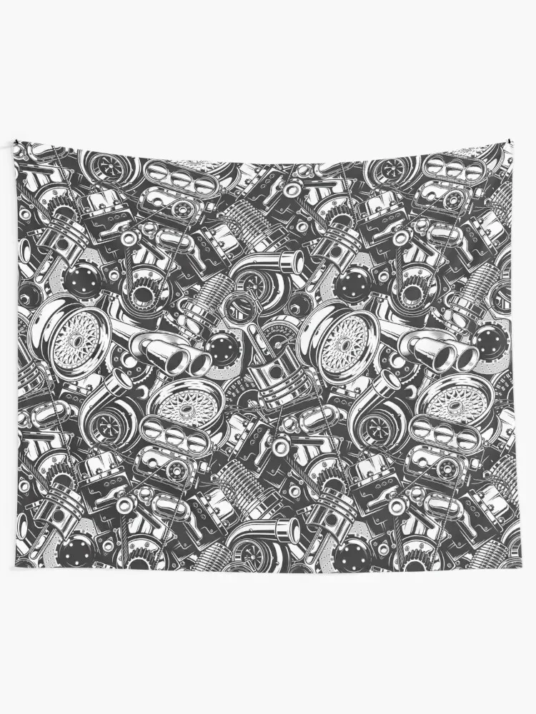 Automobile Spare Parts - Car Engine, Piston and Wheels - Petrol Head Auto Garage Art Tapestry Bedrooms Decorations Tapestry