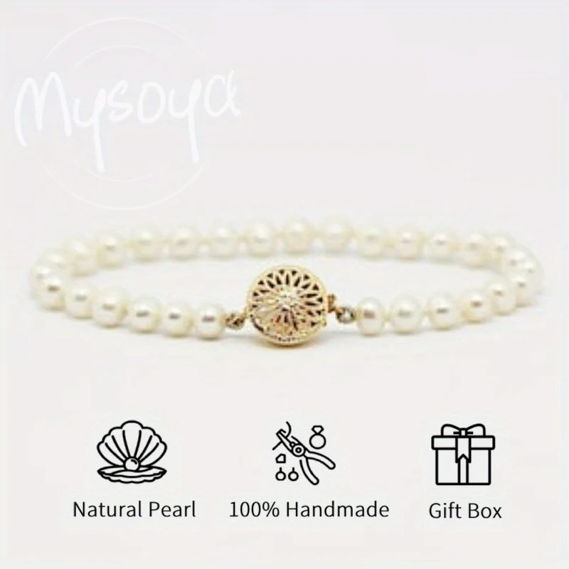 

MYSOYA 5-6 мм браслет из натурального белого пресноводного жемчуга для женщин и мужчин с подарочной коробкой, ювелирное изделие на день рождения, свадьбу, годовщину, подарок
