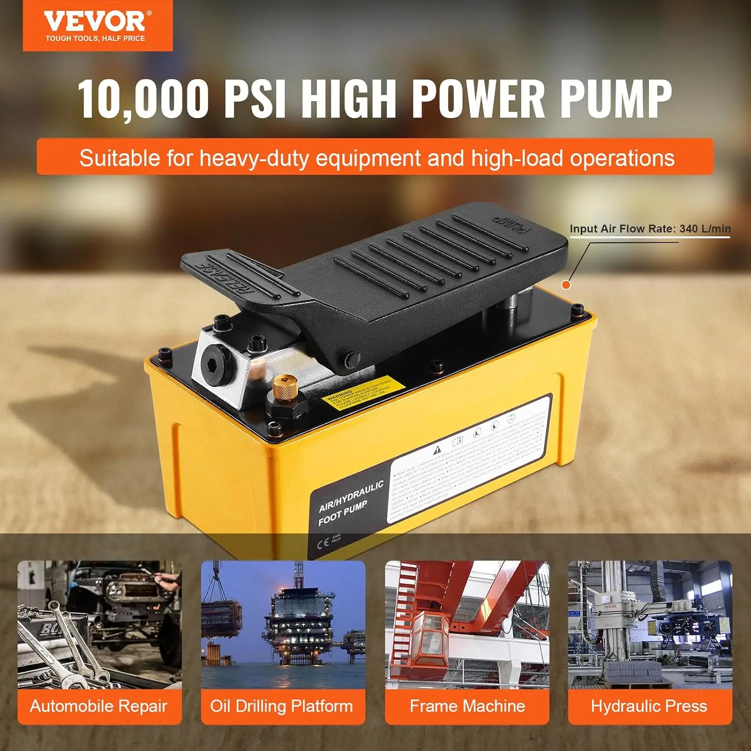10,000PSI Air Hydraulic Pump, 0.42 Gal Reservoir, NPT 3/8 in Oil Outlet, NPT 1/4 in Inlet, Aluminum Shell Air Actuated Treadle F