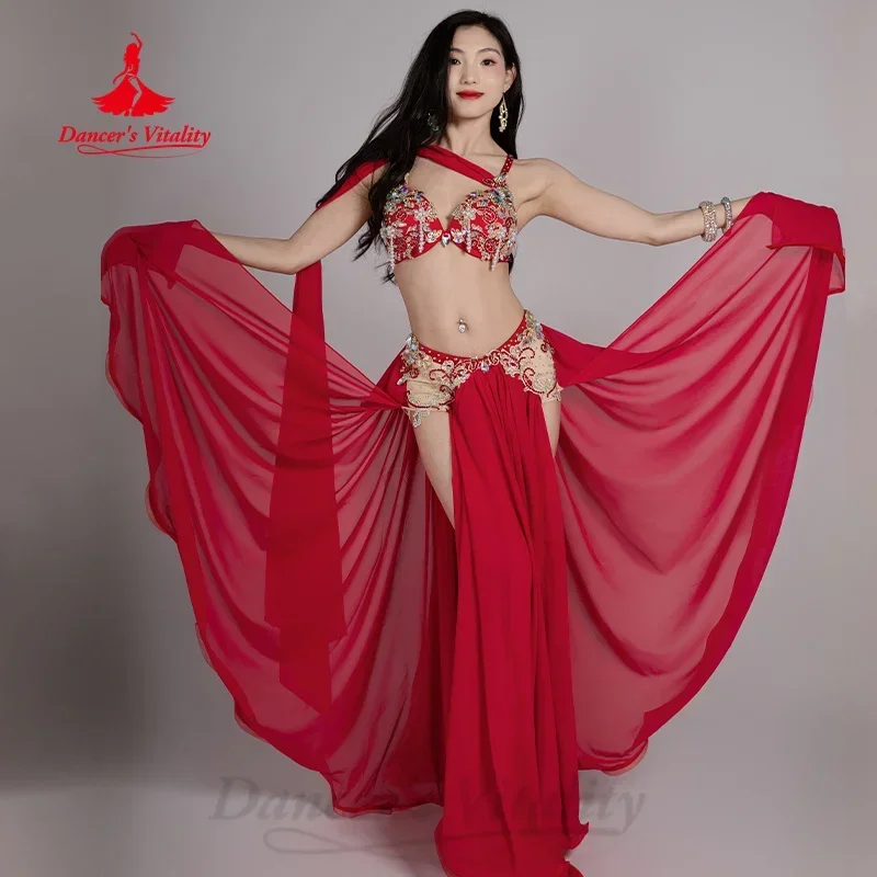 Bauchtanz-Set für Damen, exquisiter Perlen-BH + Chiffon-Langrock, 2-teilig, Mädchen, orientalischer Tanz, professionelles Performance-Kostüm
