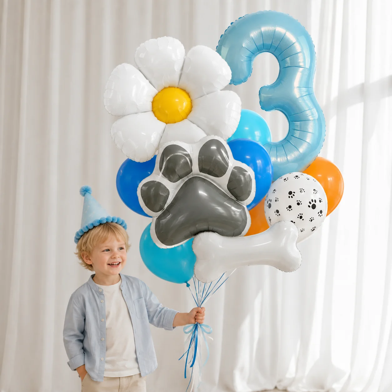 Kit de ballons pour décoration de fête sur le thème des Blueys, ballon fleur de marguerite blanche, ballon patte de chiot, ballon os, célébration d'anniversaire